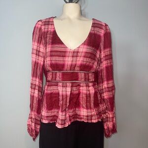 Francesca’s Jun & Ivy burgundy pink plaid v-neck peplum blouse top NWT large